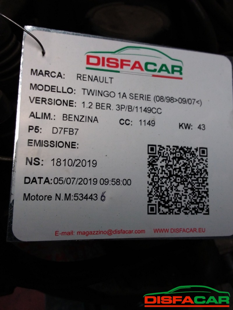 Motore usato Renault Twingo 1A SERIE 1998, codice D7FB7 – foto 7 di 8