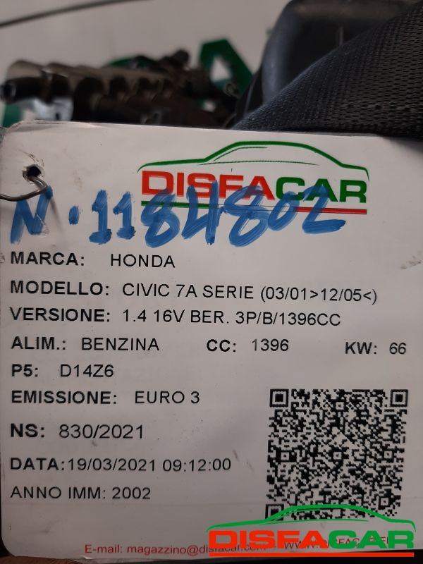 Motore usato Honda Civic 7ª serie IMPIANTO a GPL 2001, codice D14Z6 – foto 7 di 8