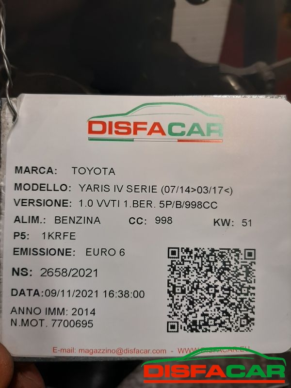Motore usato Toyota Yaris 4à serie 2014, codice 1KRFE – foto 9 di 10
