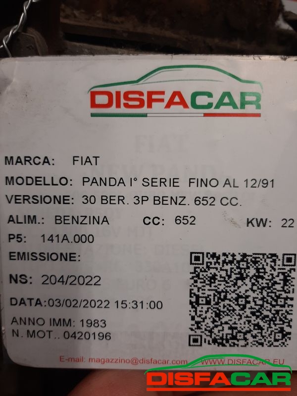 Motore usato Fiat Panda 1ª serie MANCA CARBURATORE 1983, codice 141A.000 – foto 7 di 8